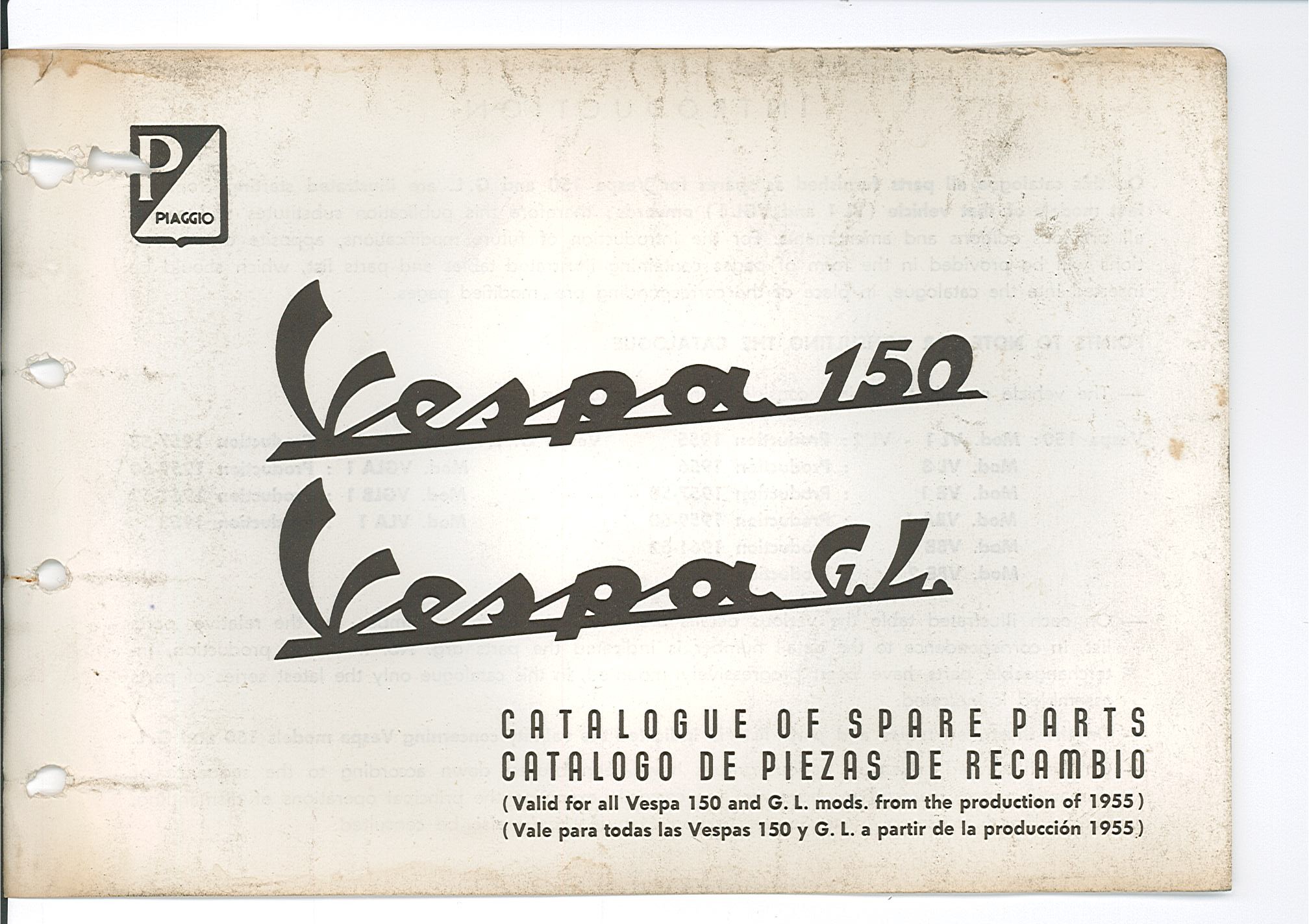 Catalogue of Spare Parts Scooter Vespa 150, Vespa 150 GL mod. 1955