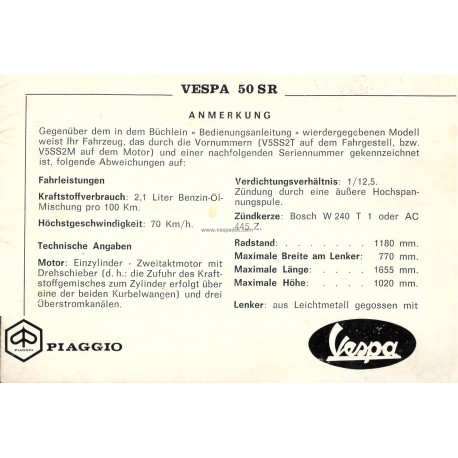 Normas de Uso e Entretenimiento Vespa 50 SR mod. V5SS2T