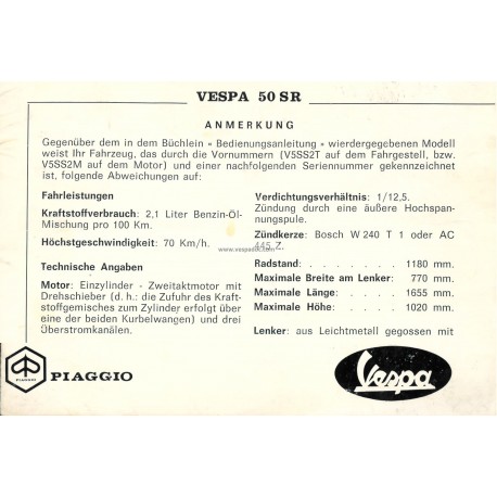 Notice d'emploi et d'entretien Vespa 50 SR mod. V5SS2T