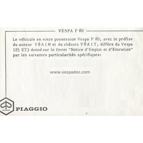 Notice d'emploi et d'entretien Vespa 80, Vespa P80, mod. V8A1T