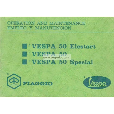 Notice d'emploi et d'entretien Vespa 50 R V5A1T, Vespa 50 Special V5B1T, Vespa 50 Elestart V5B2T, Anglais, Espagnol