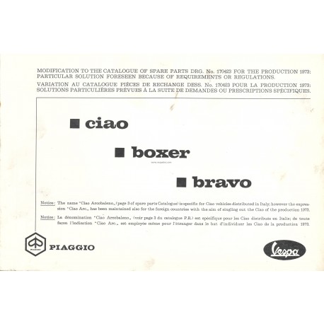 Catalogo delle parti di ricambio Piaggio Ciao, Piaggio Boxer, Piaggio Bravo, 1973
