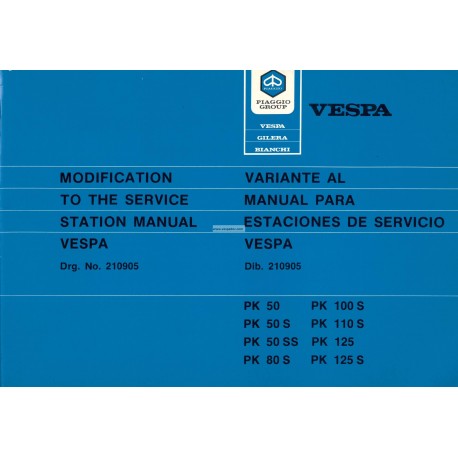 Manual Técnico Scooter Vespa PK 50, PK 50 S, PK 50 SS, PK 80 S, PK 125, PK 125 S, Inglés, Español