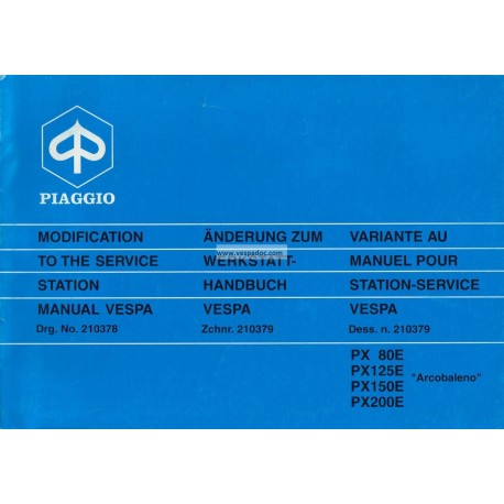 Manuale per Stazioni di Servizio Scooter Vespa PX 80 E, Vespa 125 PXE, Vespa 150 PXE,   Vespa 200 PXE, Vespa PXE Arcobaleno