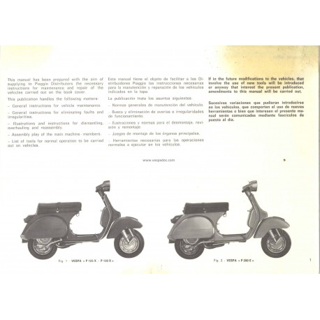 Manuale per Stazioni di Servizio Scooter Vespa PX 125 VNX1T, PX 150 VLX1T, PX 200 VSX1T, Inglese, Spagnolo