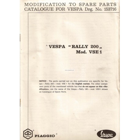 Catalogue de pièces détachées Scooter Vespa 200 Rally mod. VSE1T, 1972, Anglais